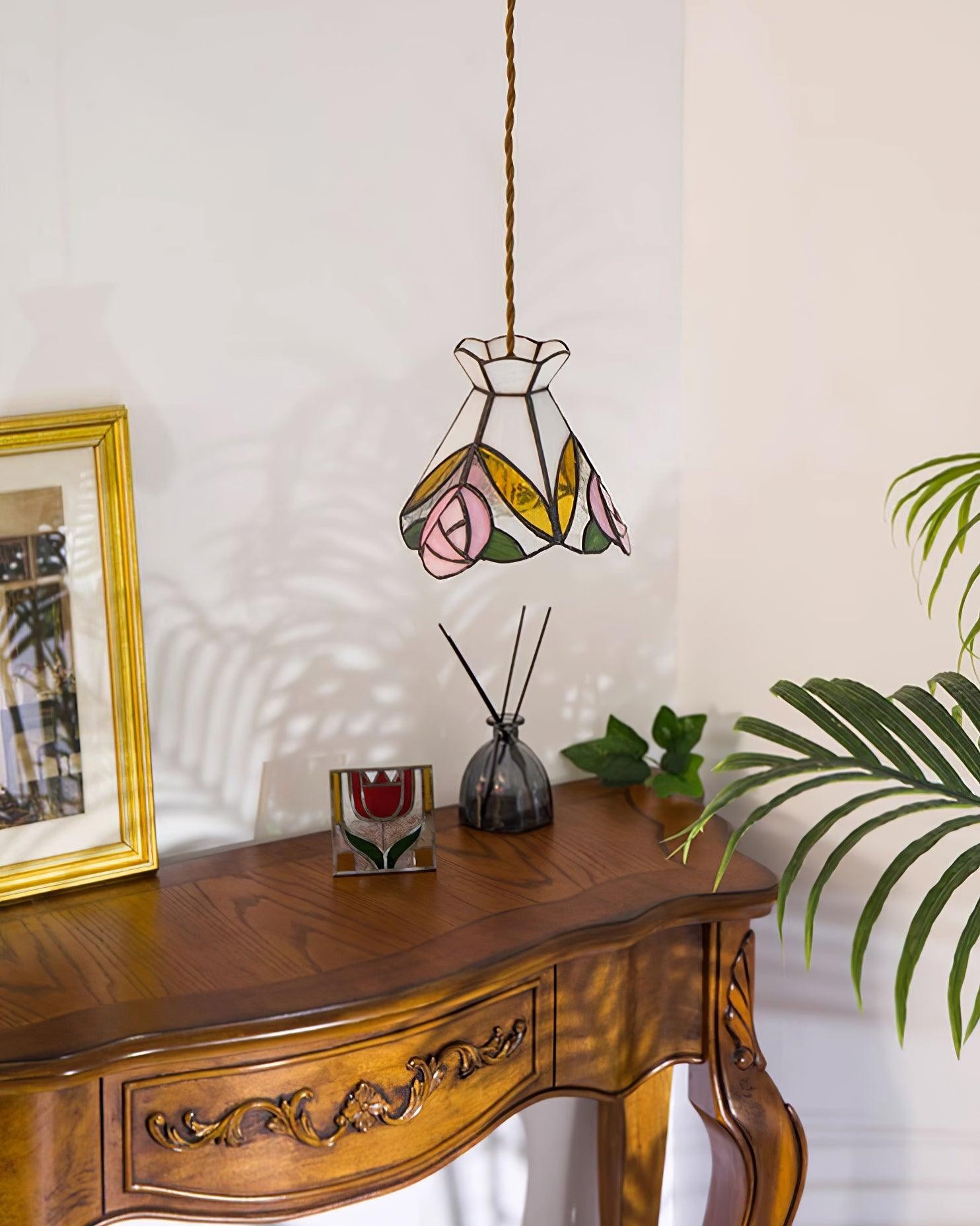 French Retro Rose Stained Glass Pendant Lamp M89