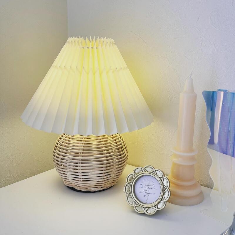 Rattan Pleated Table Lamp Cordless Bedside Lamp