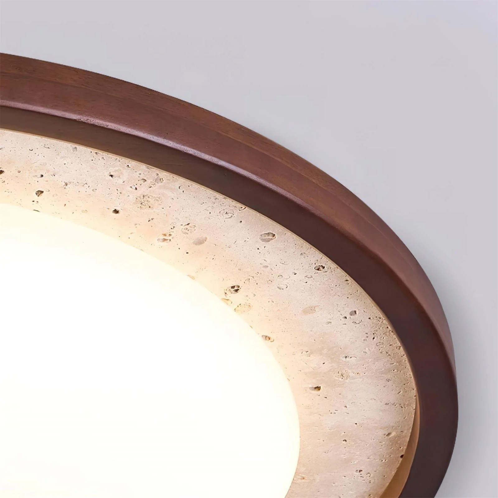 Modern Travertine Disk Flush Ceiling Light With Wood Trim S303