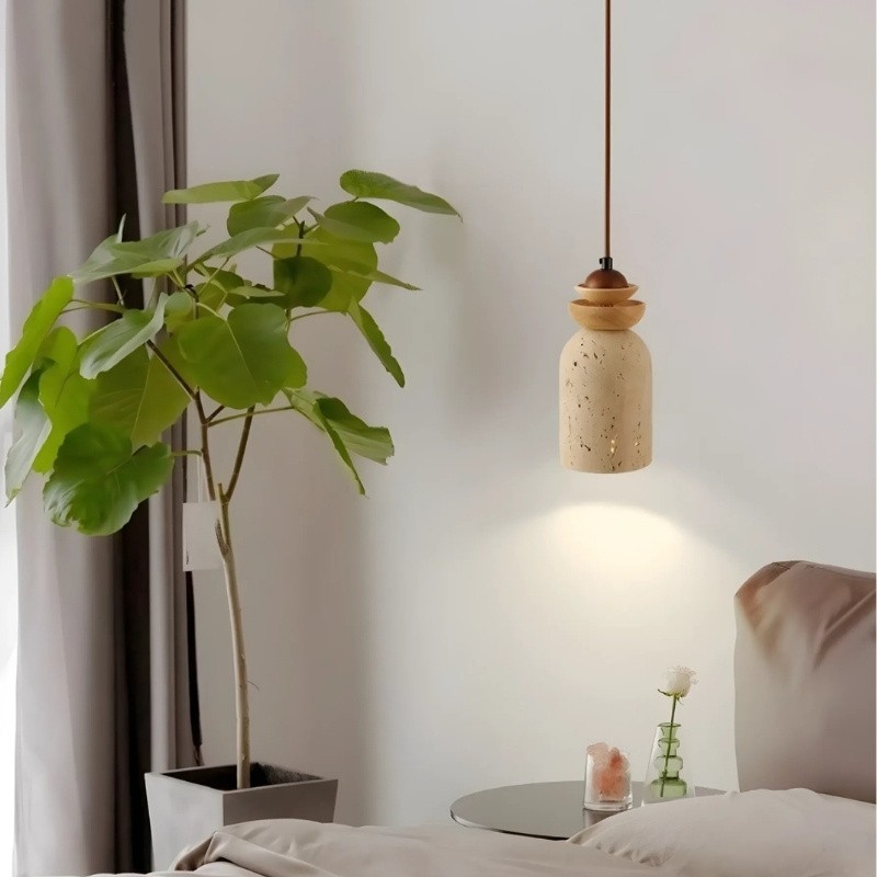 Wabi-Sabi Travertine Pendant Light with Wood for Living Room S274