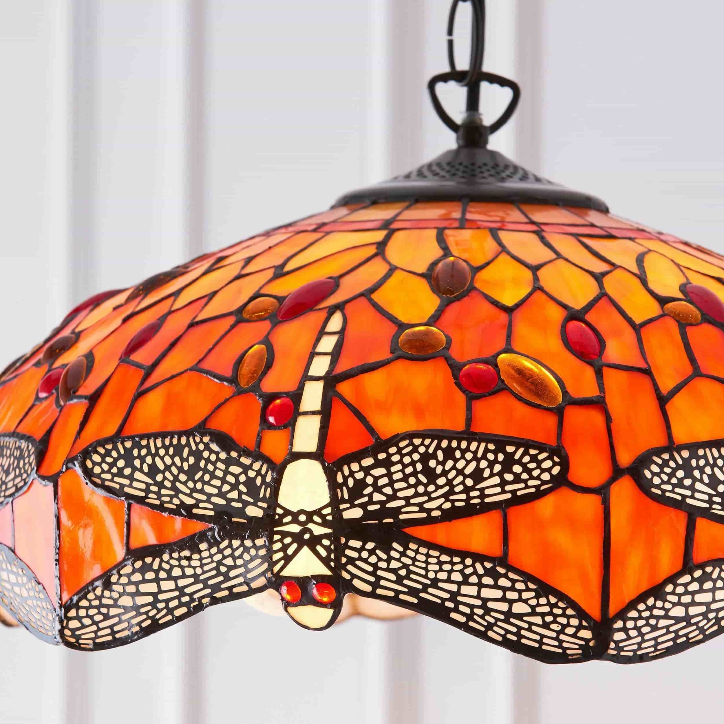 TF Dragonfly Tiffany Pendant Light - Art Nouveau Stained Glass Pendant for Living T849
