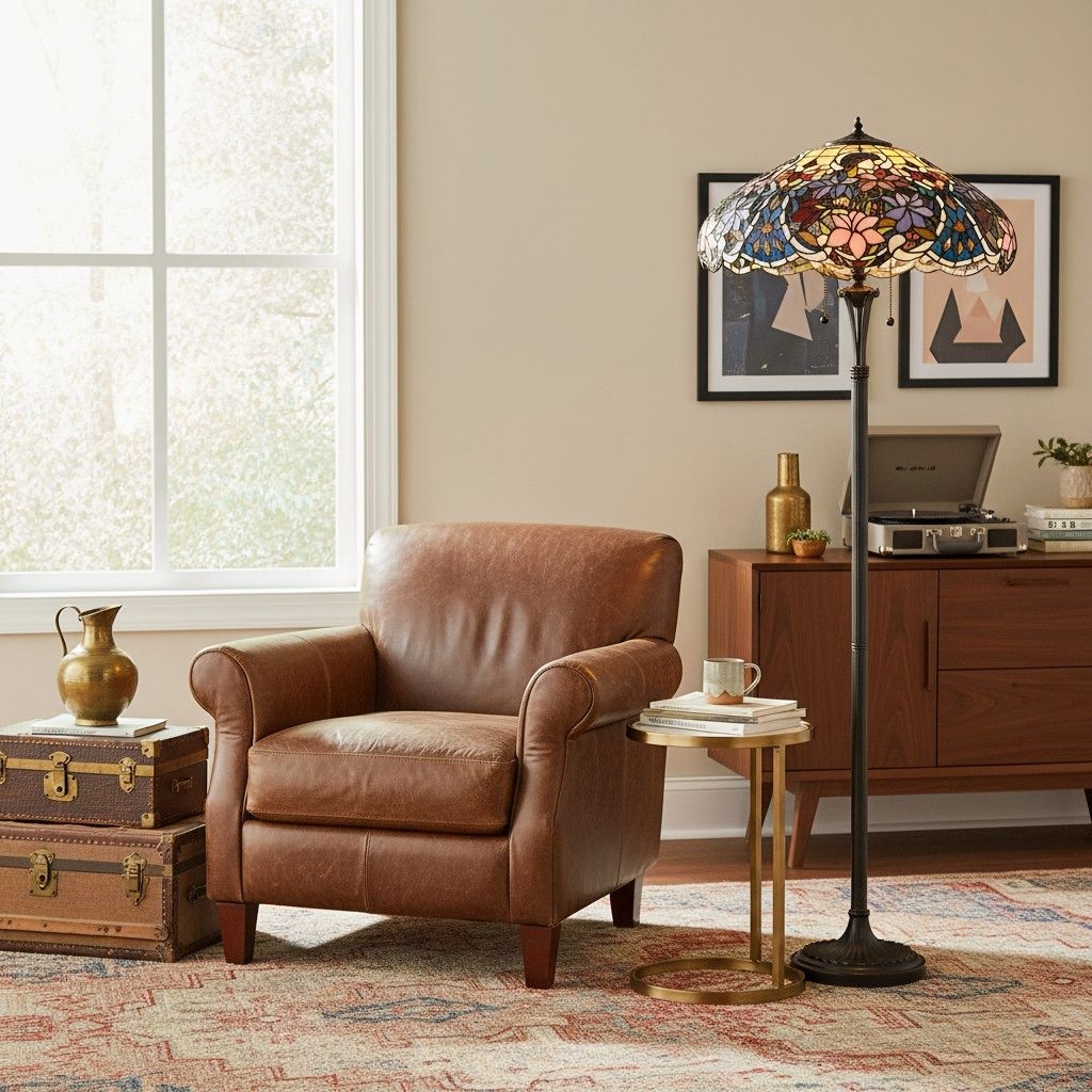 TF Sullivan Tiffany Floor Lamp - Floral Stained Glass Design for Study or Living Room T861