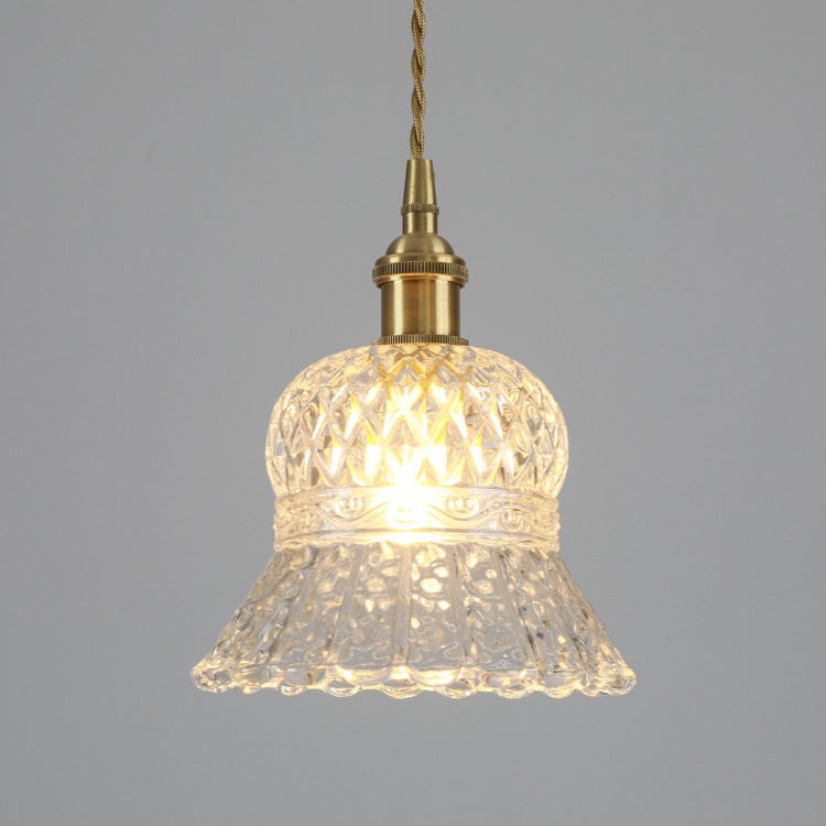 Traditional Japanese Brass Walnut Glass Ceramic Cylinder Conic Flower Bowl 1-Light Pendant Light For Dining Room T260