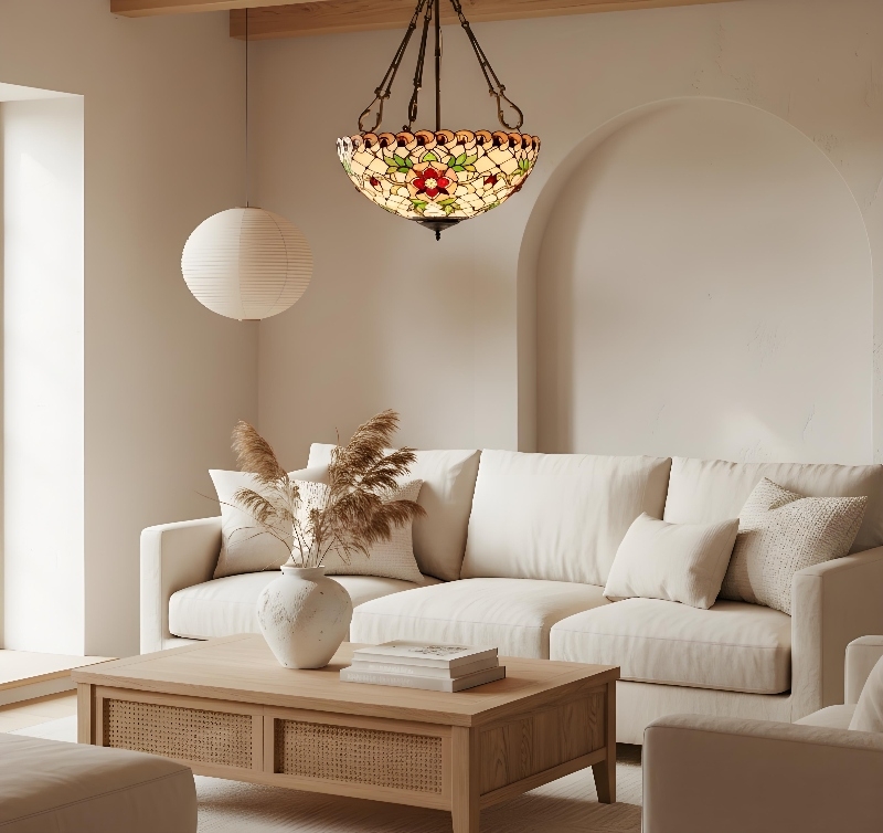 TF Dragonfly Beige Tiffany Pendant Lamp - Elegant Stained Glass Fixture for Dining Room and Bedroom T874