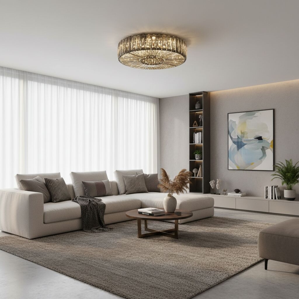 Glomar Glass Round Flush Ceiling Light - Modern Metal Glass Finish Living Areas T542