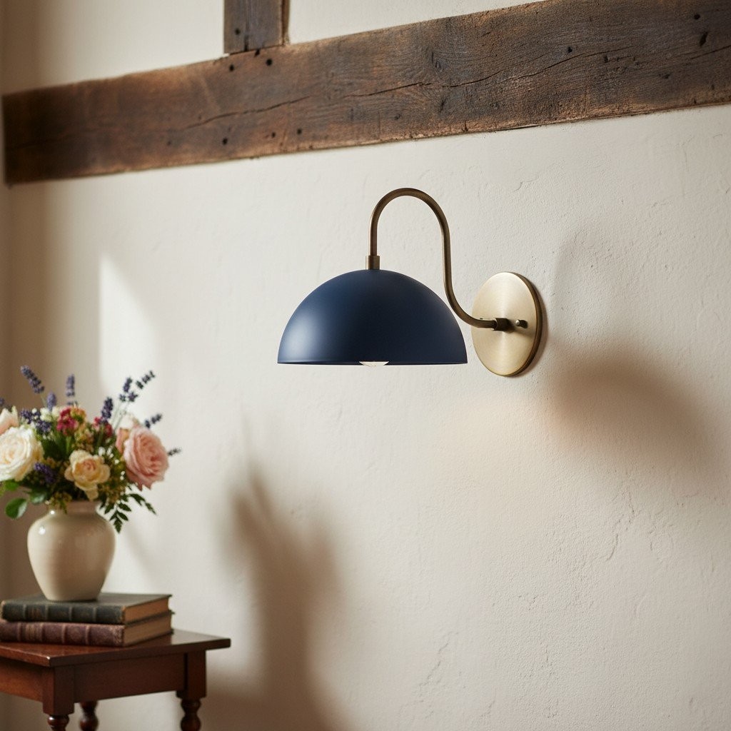 Curva Metal  Industrial Wall Sconce - Curved Brass Arm - Hammered Dome Light Fixture T408