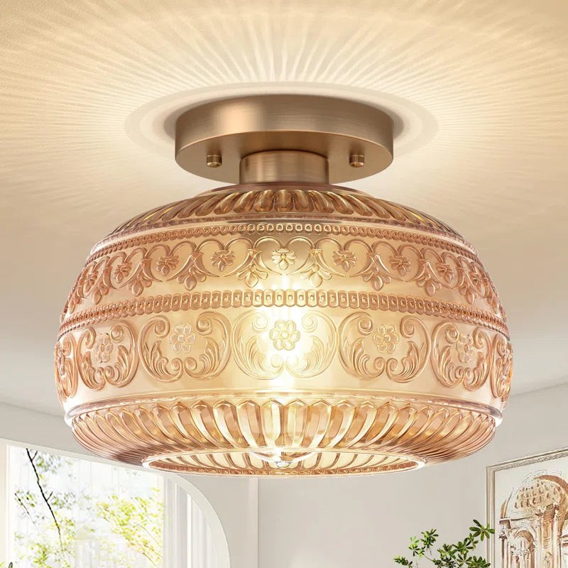 Flora Engraved Pattern Glass Semi Flush Mount Ceiling Light G25