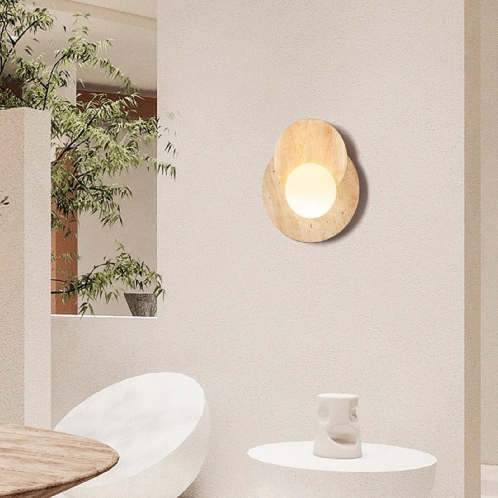 Contemporary Disc Travertine And Wood Dual Tone Wall Sconce S322