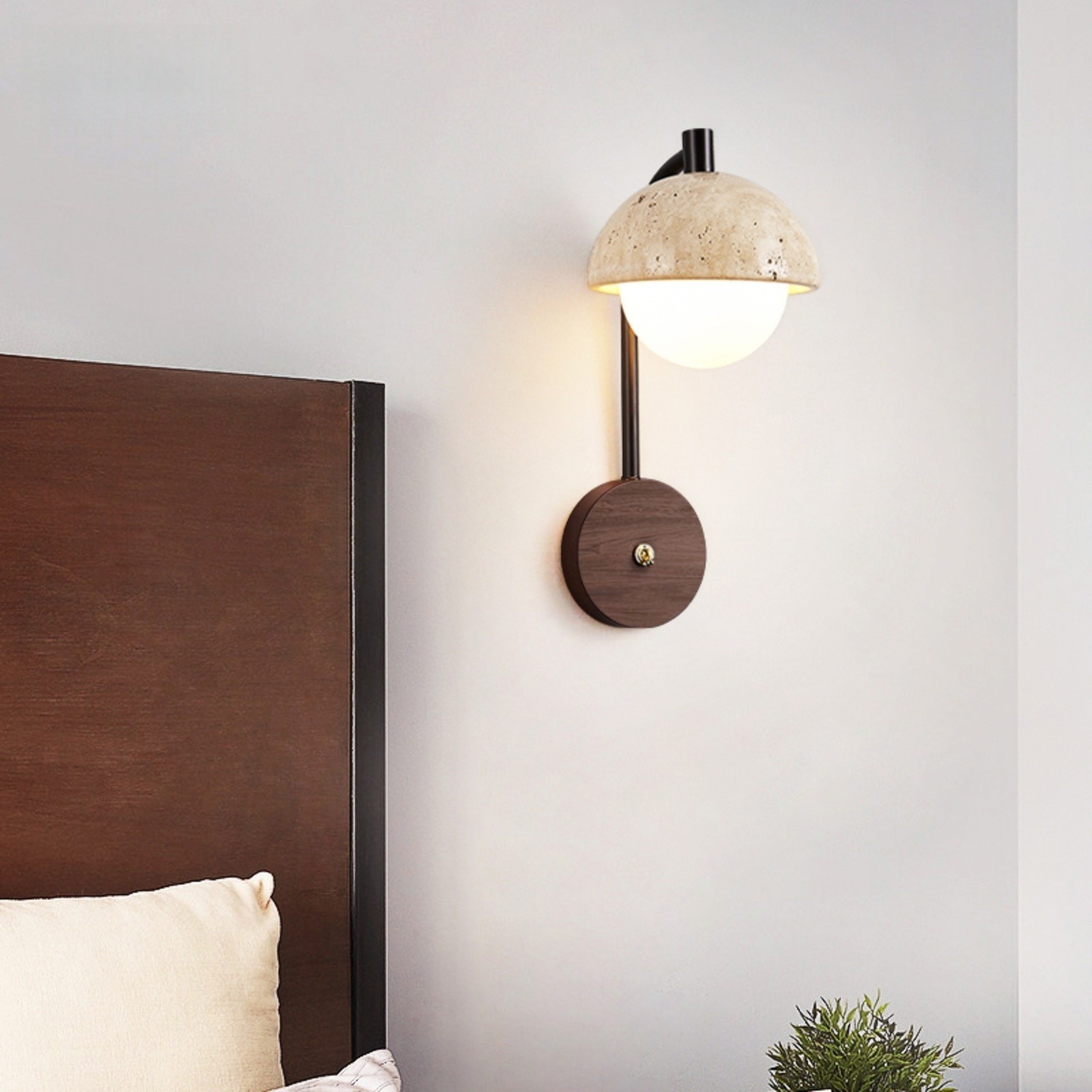 Rustic Travertine Wall Lamp With Curved Metal Arm And Wood Mount S313