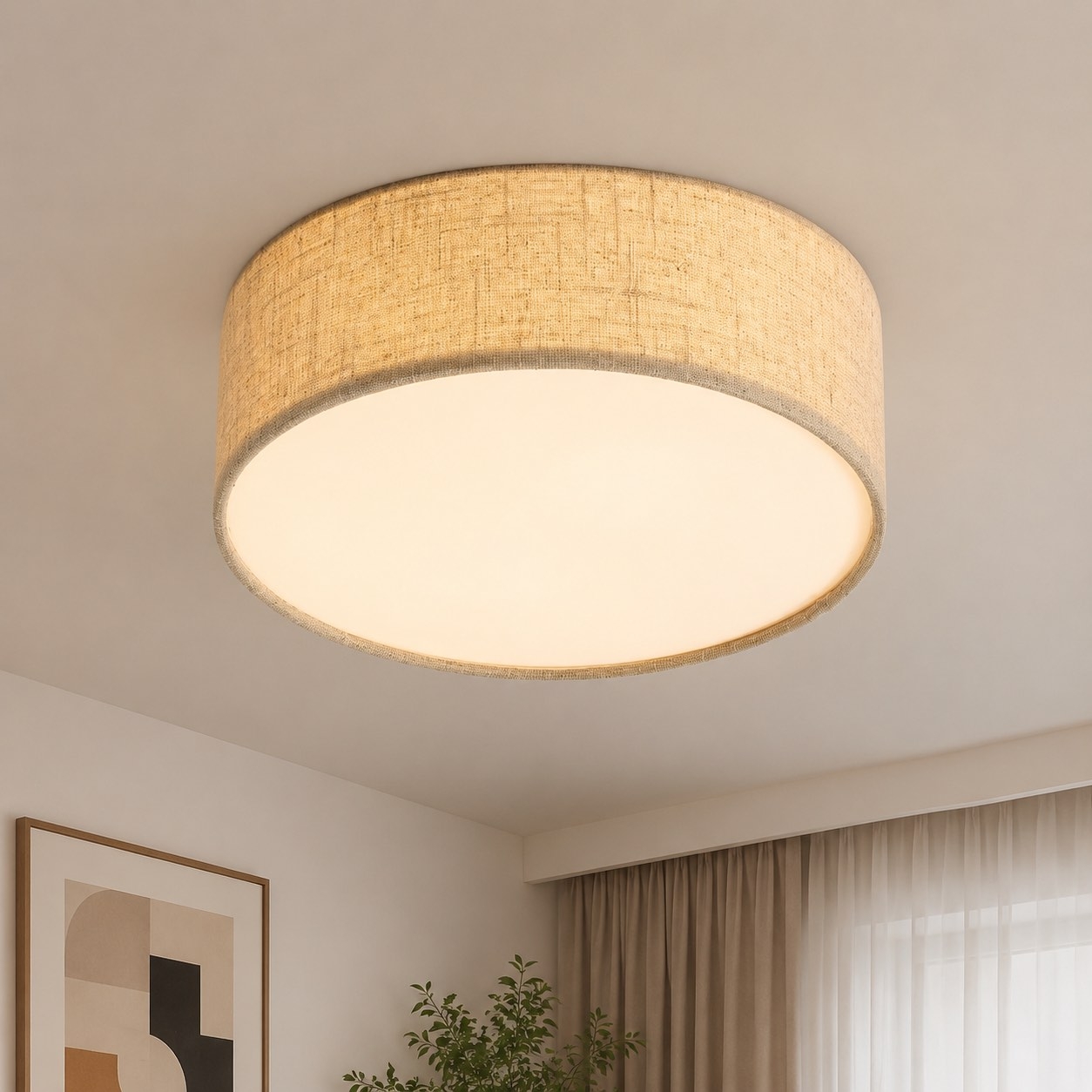 Dumora Linen Drum Ceiling Light – Modern Flush Mount Design T001