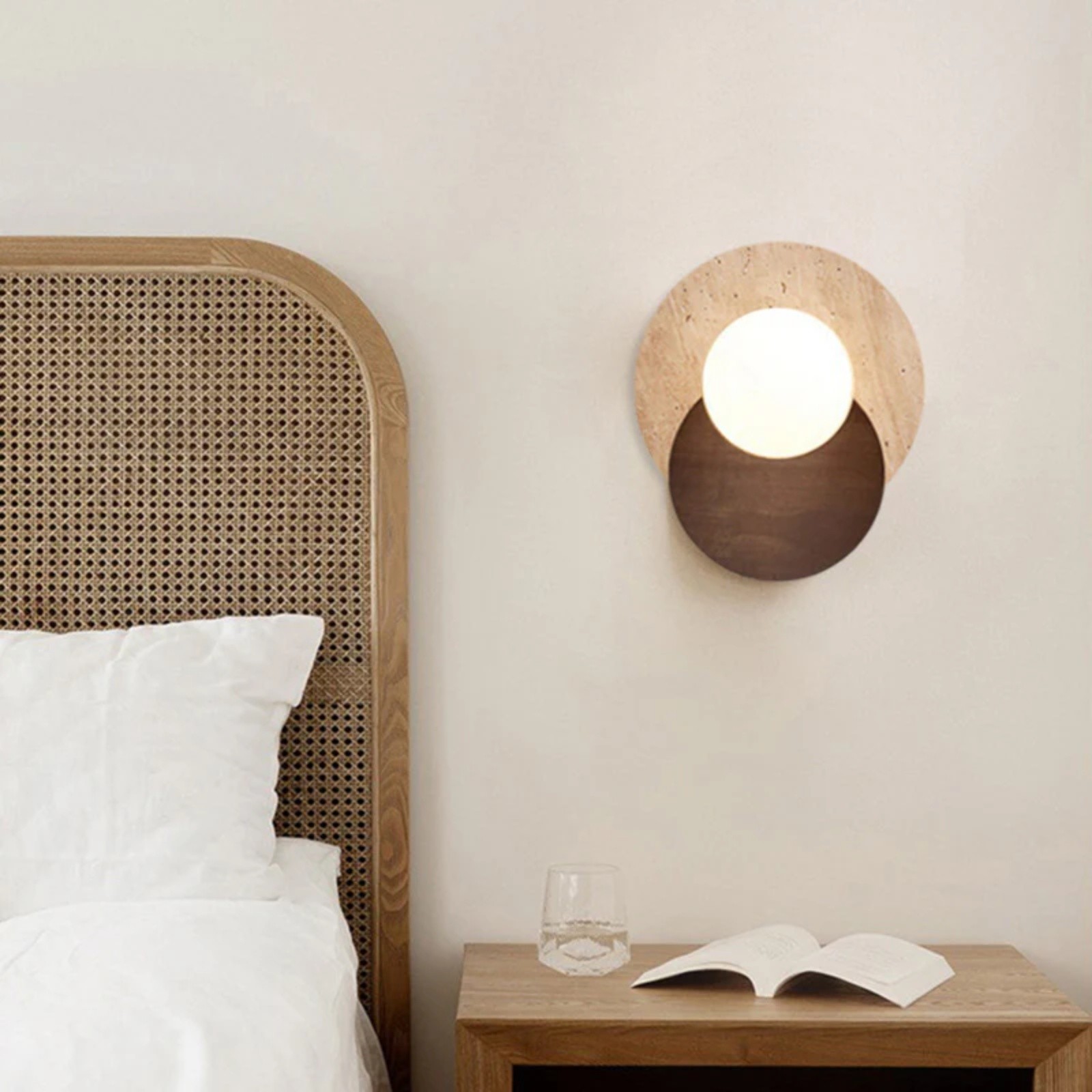 Contemporary Disc Travertine And Wood Dual Tone Wall Sconce S322