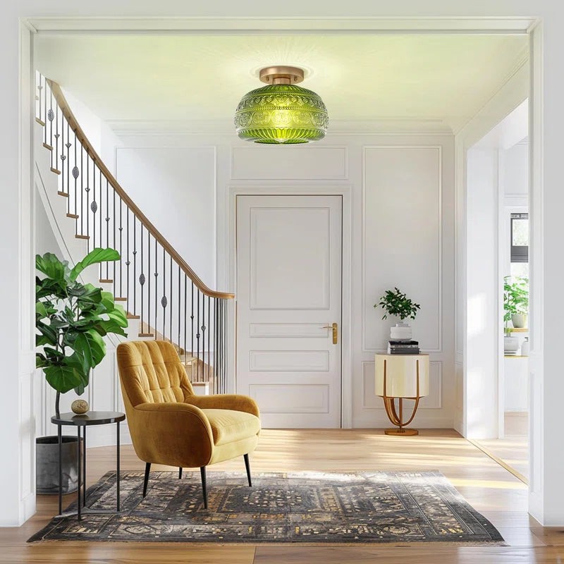 Flora Engraved Pattern Glass Semi Flush Mount Ceiling Light G25
