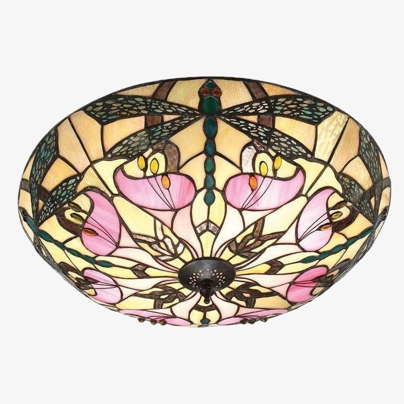 TF Ashton Tiffany Dragonfly Motif Tiffany Glass Flush Surface Mount - Transitional Style for Bedrooms and Lounge Spaces T1055