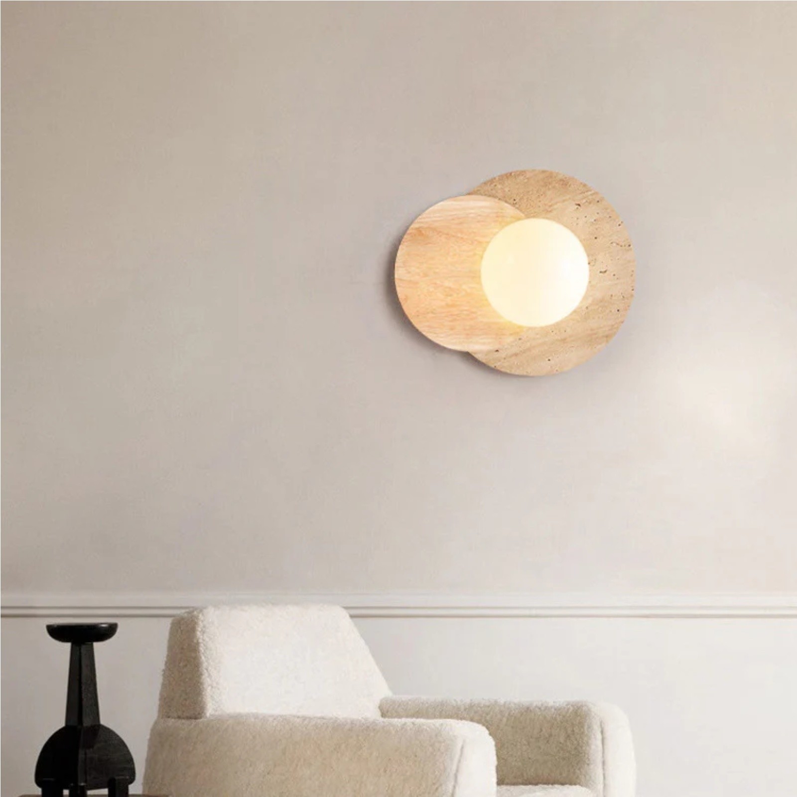 Contemporary Disc Travertine And Wood Dual Tone Wall Sconce S322