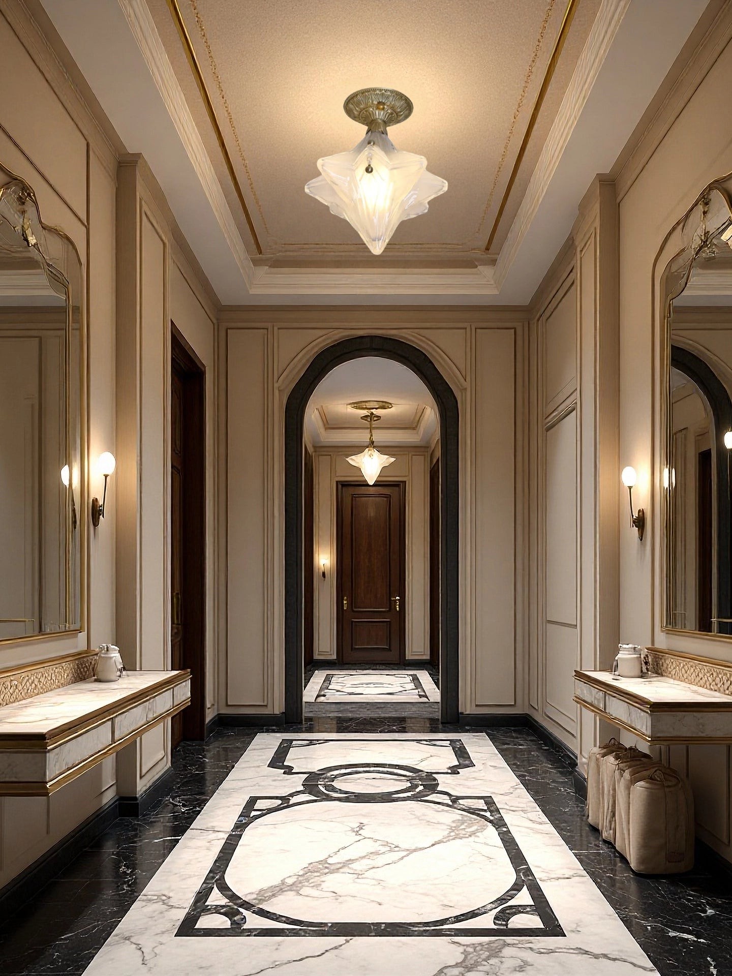 Art Deco Star Ceiling Lamp - Frosted Glass Fixture for Hallway & Entryway - Astris Ceres T435