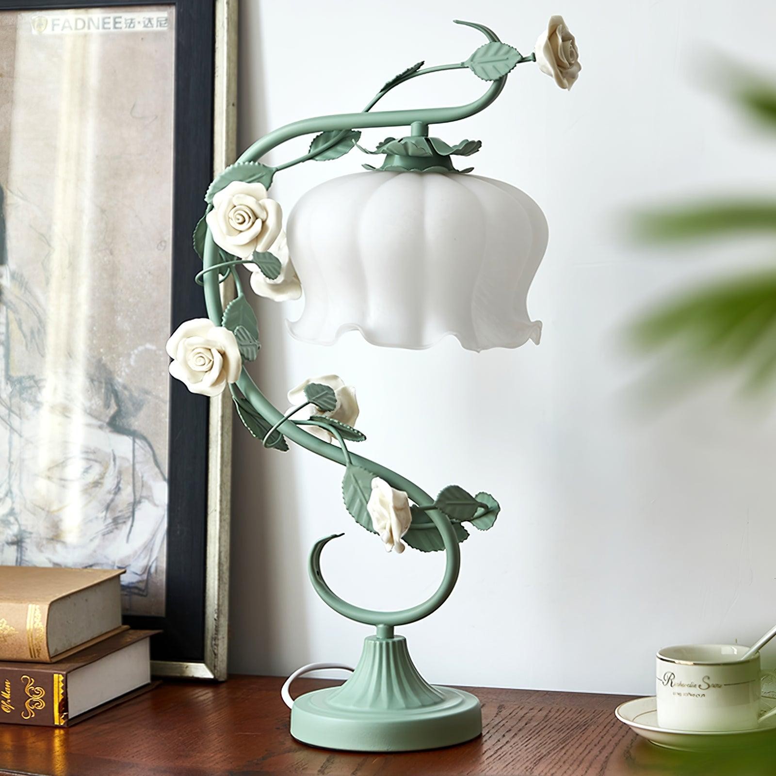 Green Pink White Rose Flower Table Lamp M107