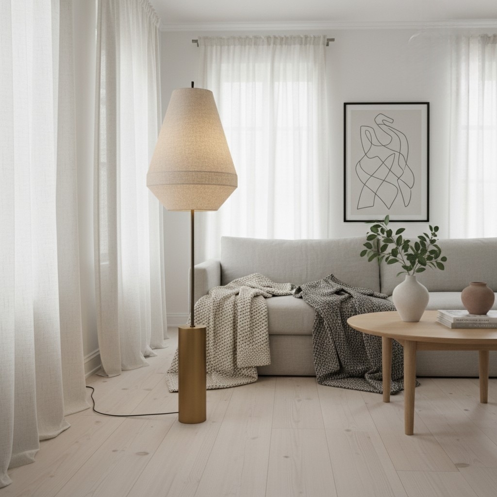 Zalen Floor Lamp - Layered Linen Pendant Design Aged Brass-Metal Lamp for Living Room T732