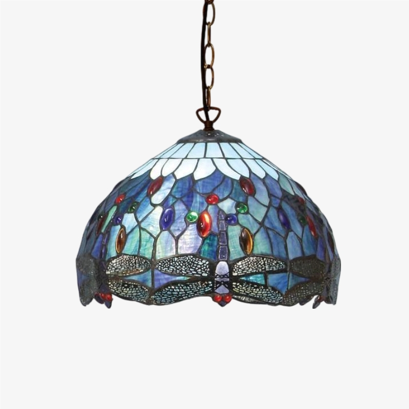 TF Dragonfly Tiffany Pendant Light - Art Nouveau Stained Glass Pendant for Living T849