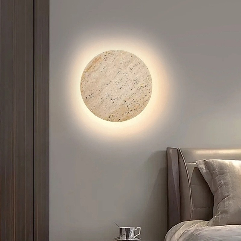 Wabi Sabi Travertine Round Wall Light - Minimalist Stone Disc Sconce S310