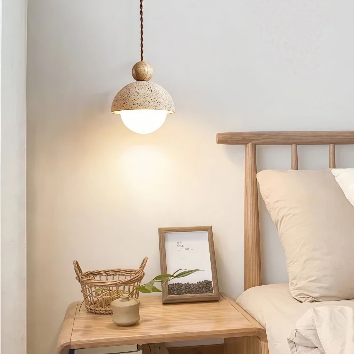 Beige Stone Umbrella Pendant Lamp With Wooden Sphere Accent S270