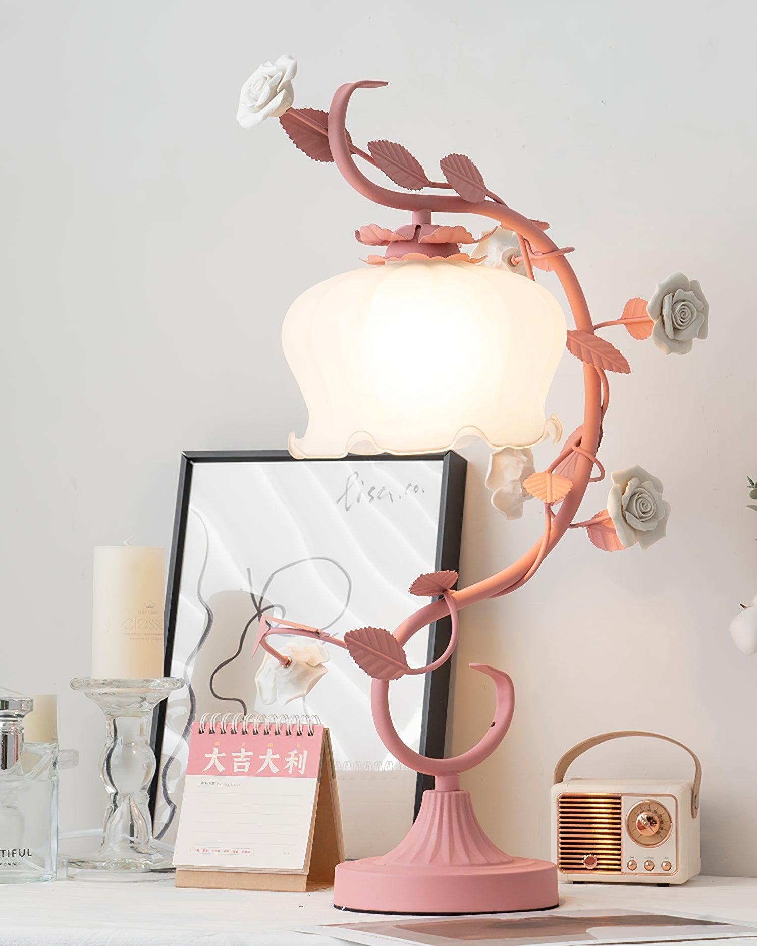 Green Pink White Rose Flower Table Lamp M107
