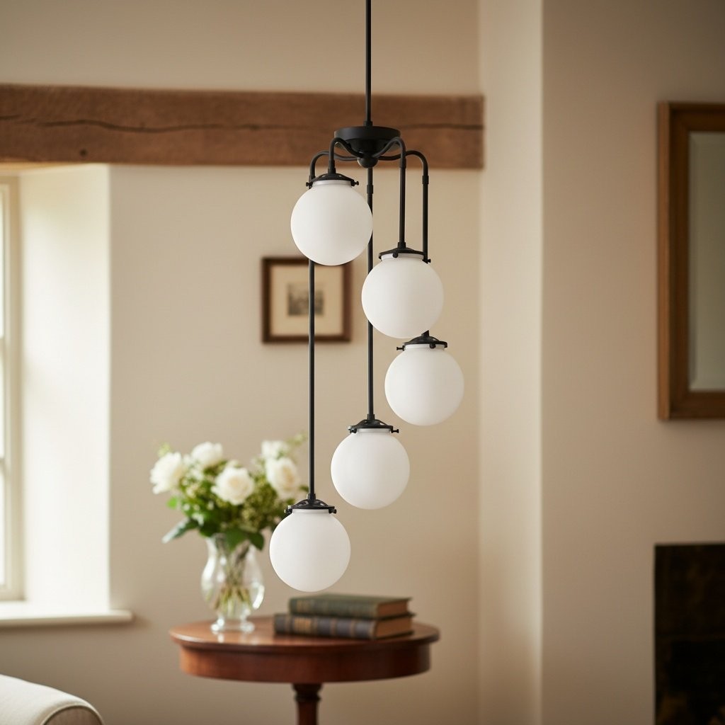 Glorica Glass 5 Globe Chandelier - Brass and Opal Glass Vintage Pendant Light T319