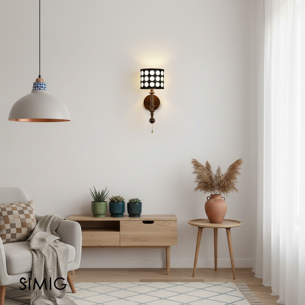 French White Polka Dot Fabric Cylinder Shade Wall Sconce S366