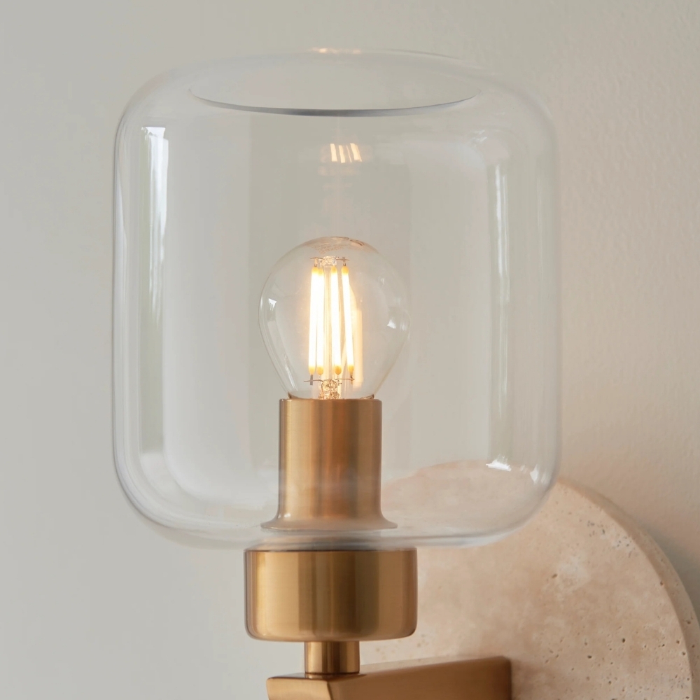 Korlisse Modern Marble Wall Light - Vintage Brass & Clear Glass Accent for Living Room and Hallway T950