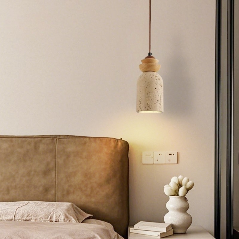 Wabi-Sabi Travertine Pendant Light with Wood for Living Room S274