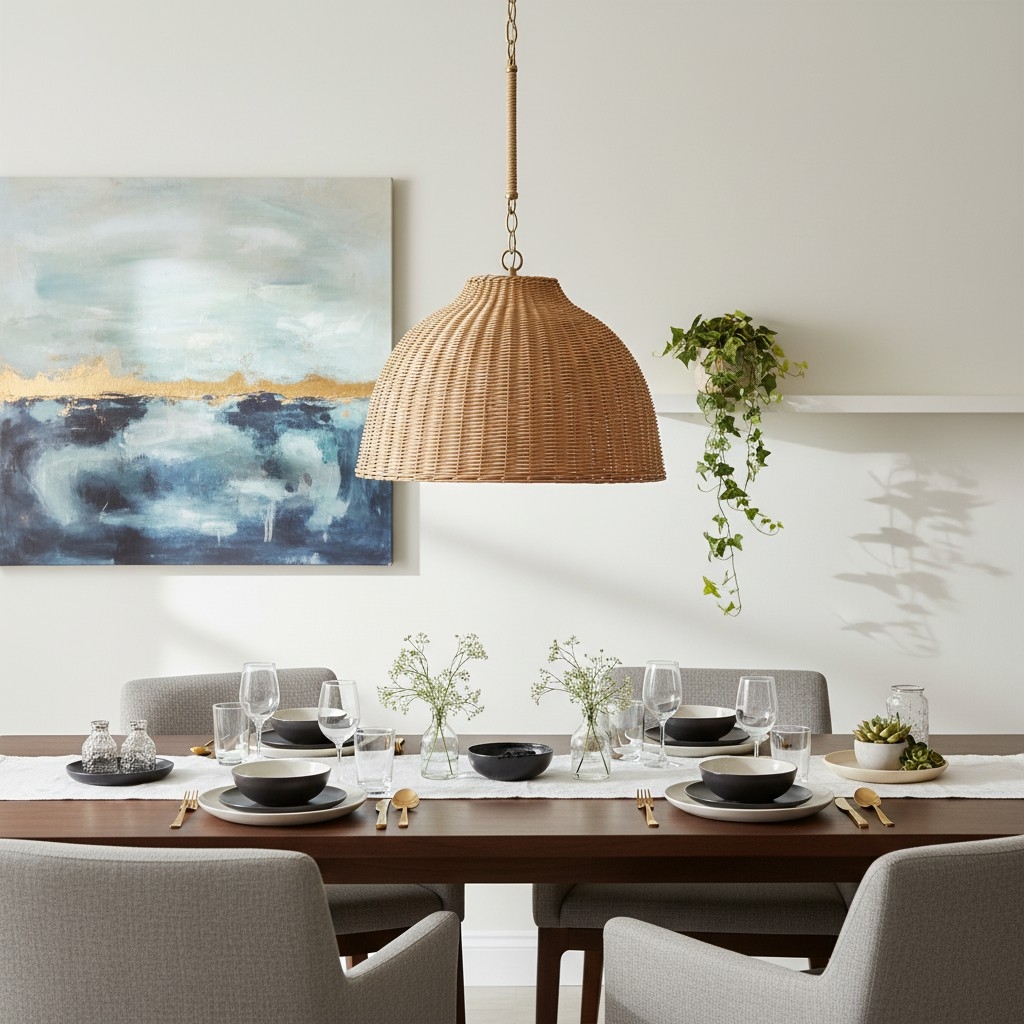 Welanery Dome Pendant Light - Modern Rattan Shade Lamp for Dining Room T1222