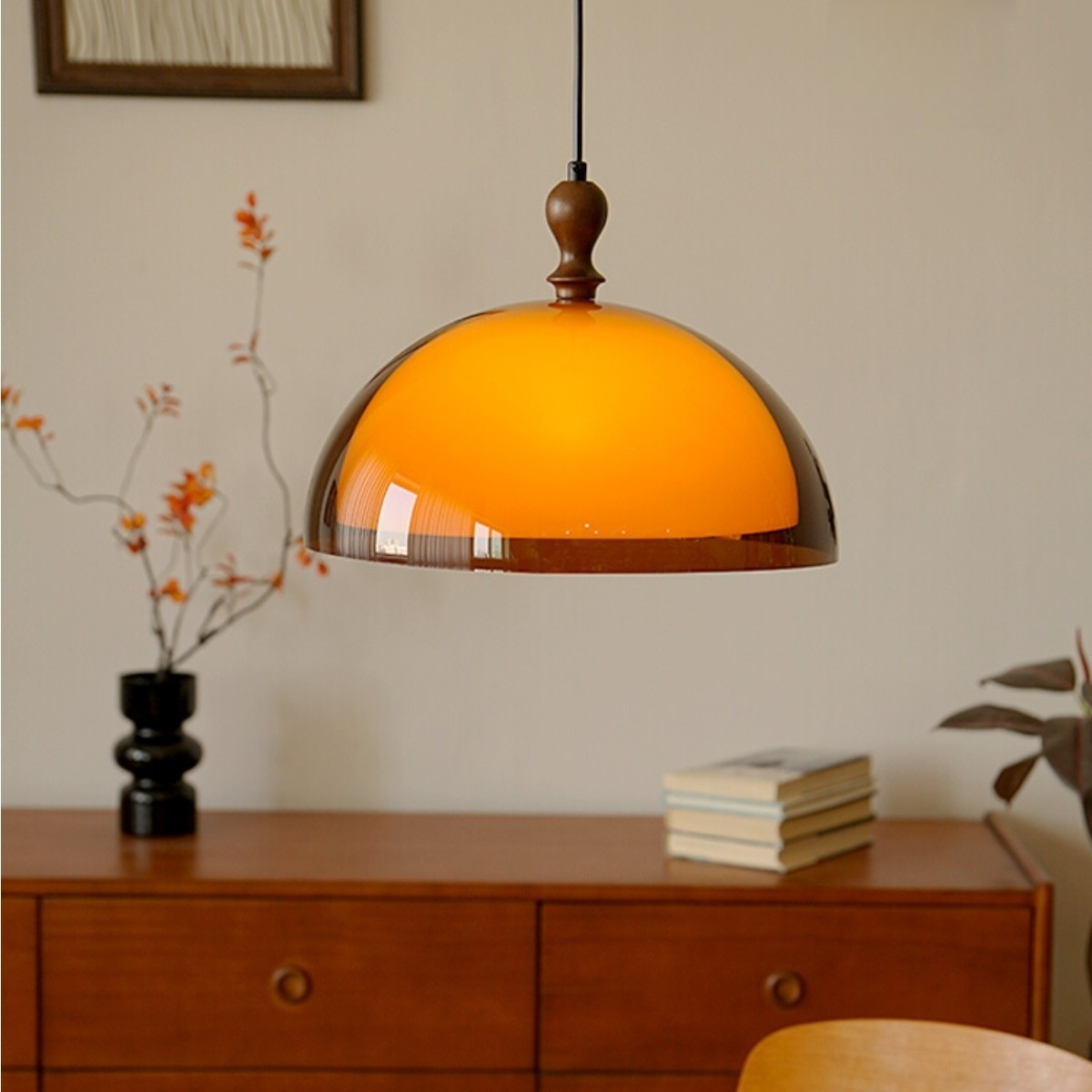 Vintage Sunset Pendant Lamp – Amber Acrylic & Walnut Finish S256