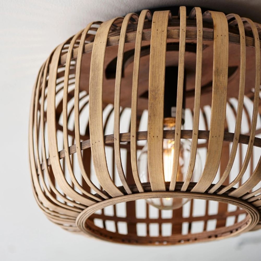 Yumeko Natural Bamboo Flush Ceiling Light - Organic Cage Design Sustainable for Living Room T978