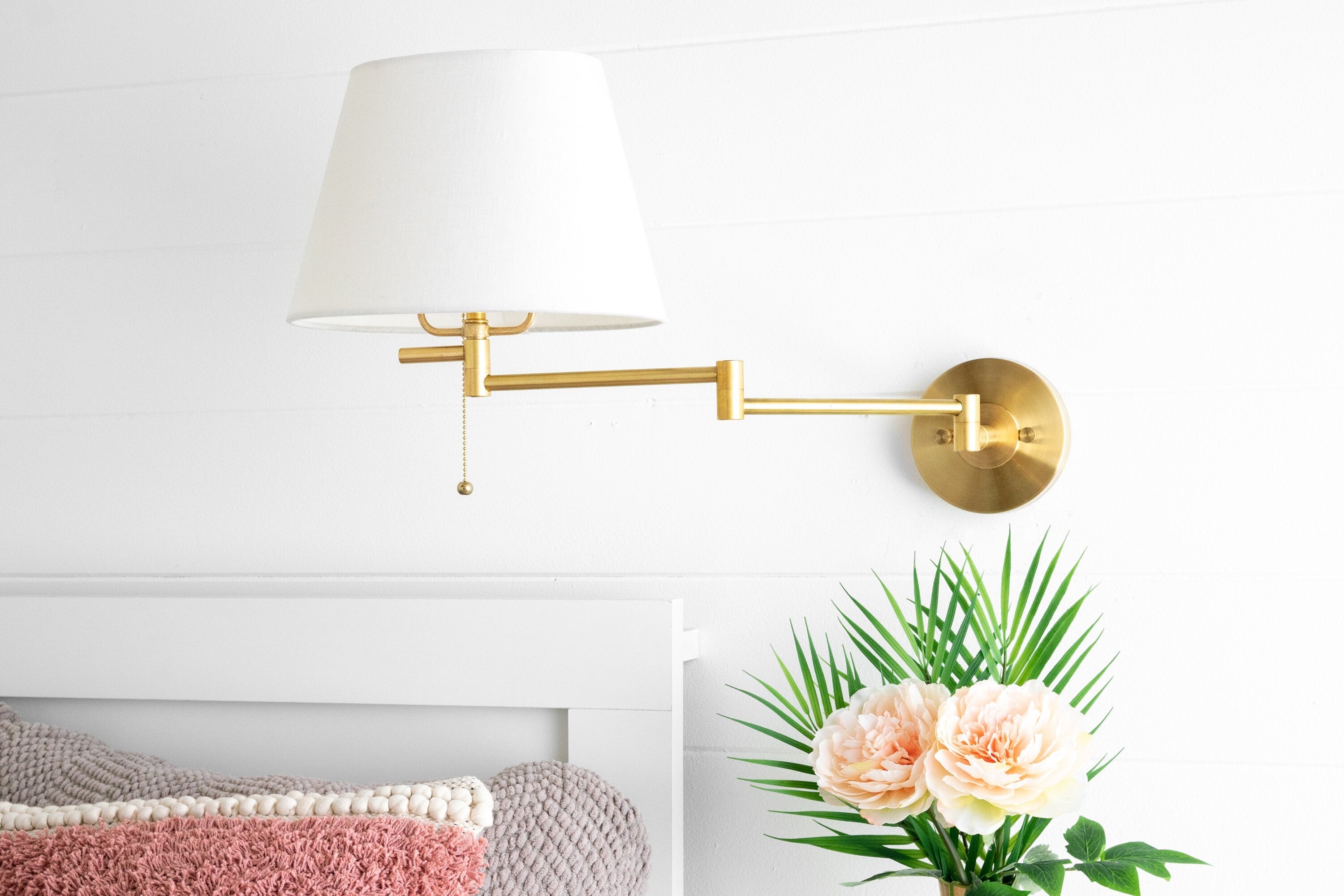 Ornato Luxe Brass Schoolhouse Sconce - Art Deco Wall Light with White Shade T404