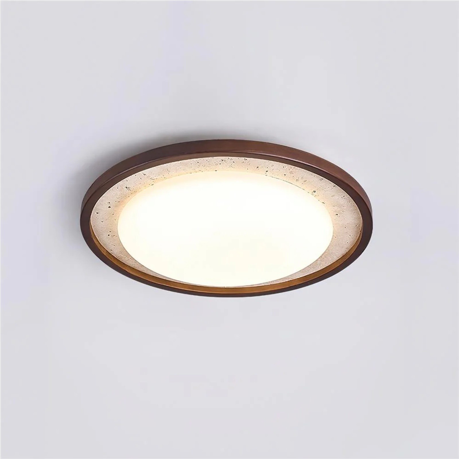 Modern Travertine Disk Flush Ceiling Light With Wood Trim S303