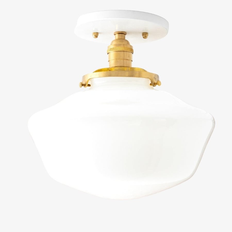 Geotower Glass Brass Ceiling Light - Opal Glass Schoolhouse Shade - Modern Elegance T370