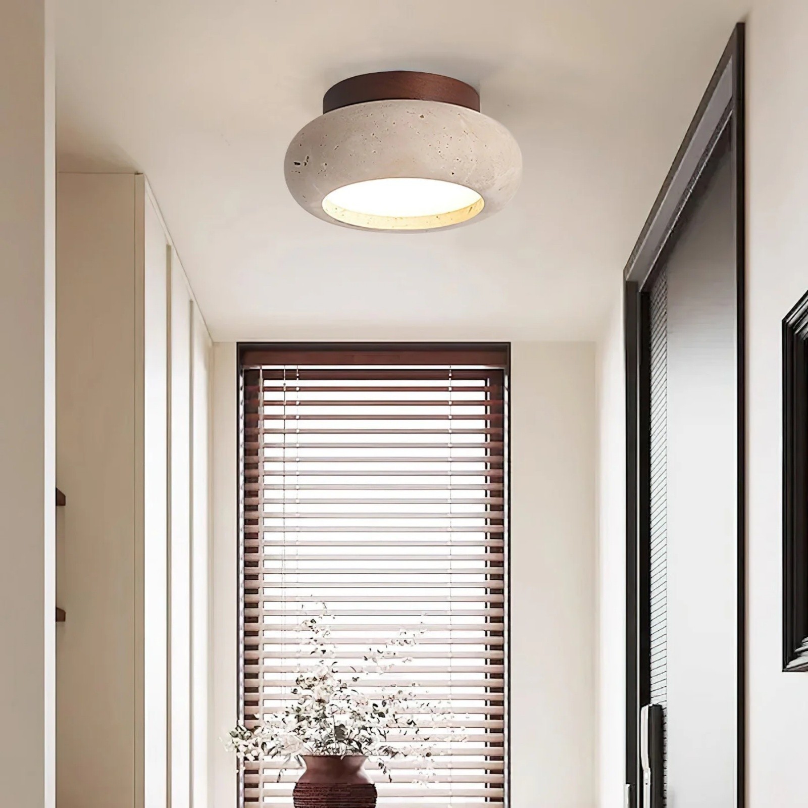 Minimal Bowl Ceiling Fixture in Stone Look - Wood Tone Base Light S299