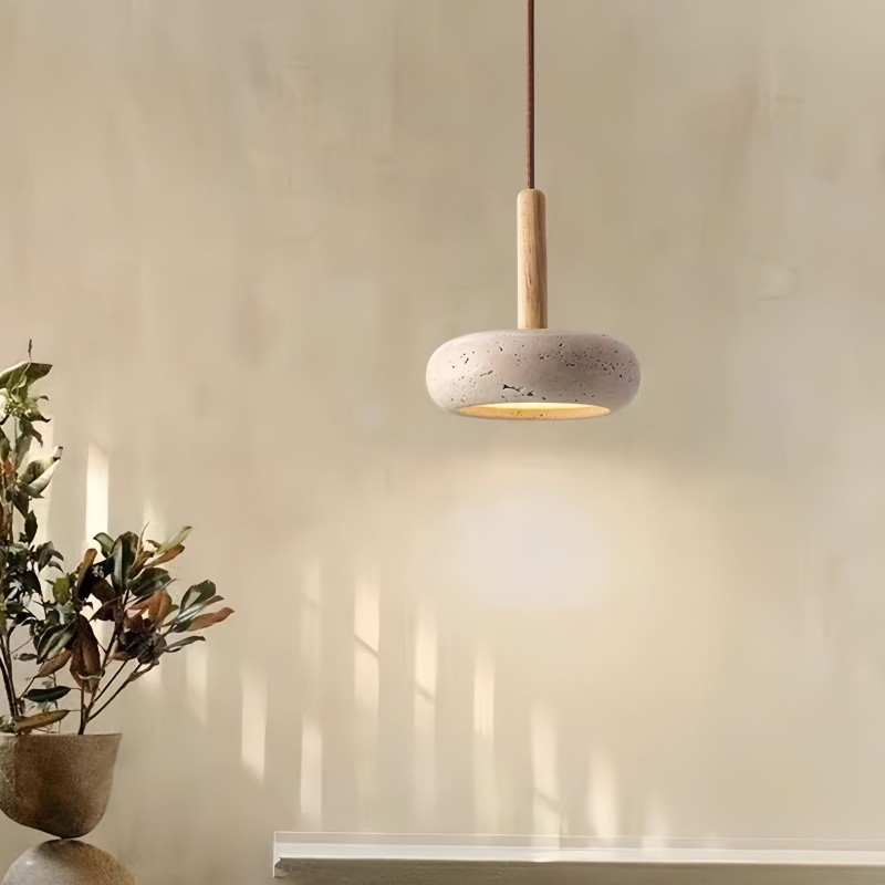 Traditional Japanese Round Wood Travertine Pendant Light G68
