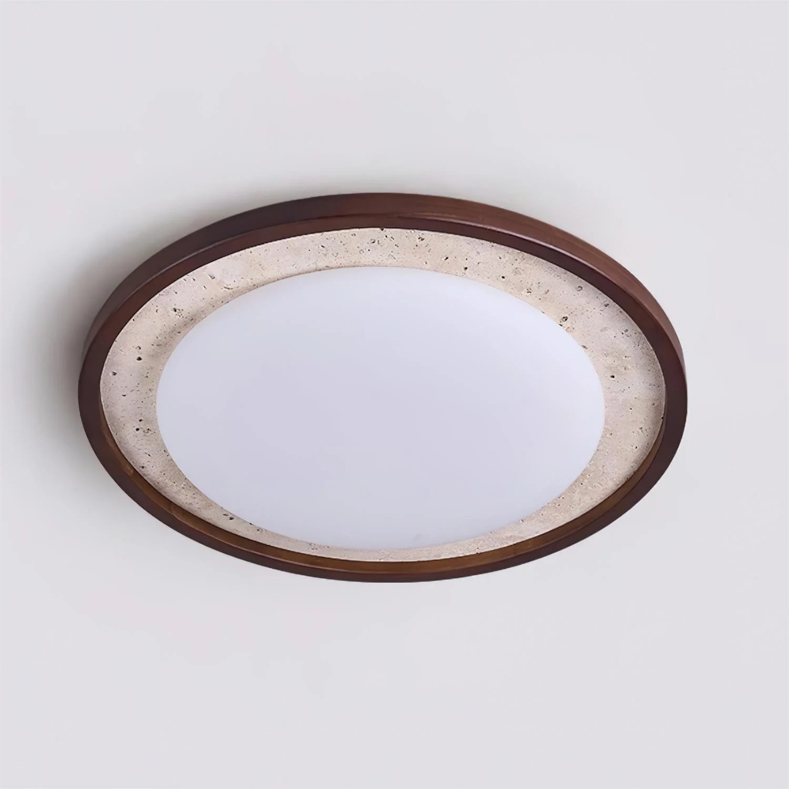 Modern Travertine Disk Flush Ceiling Light With Wood Trim S303