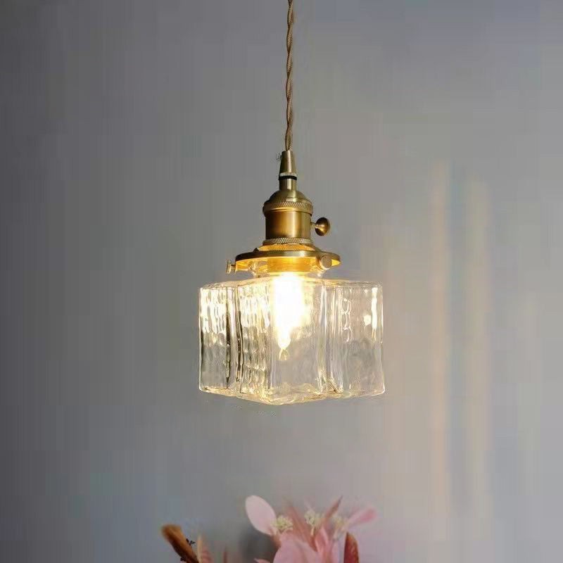 Traditional Vintage Square Rectangle Ripple Glass Iron 1-Light Pendant Light For Living Room T262