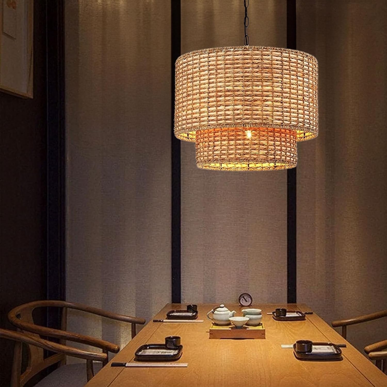 Natural Rattan Double Drum Pendant Light With Black Canopy G02