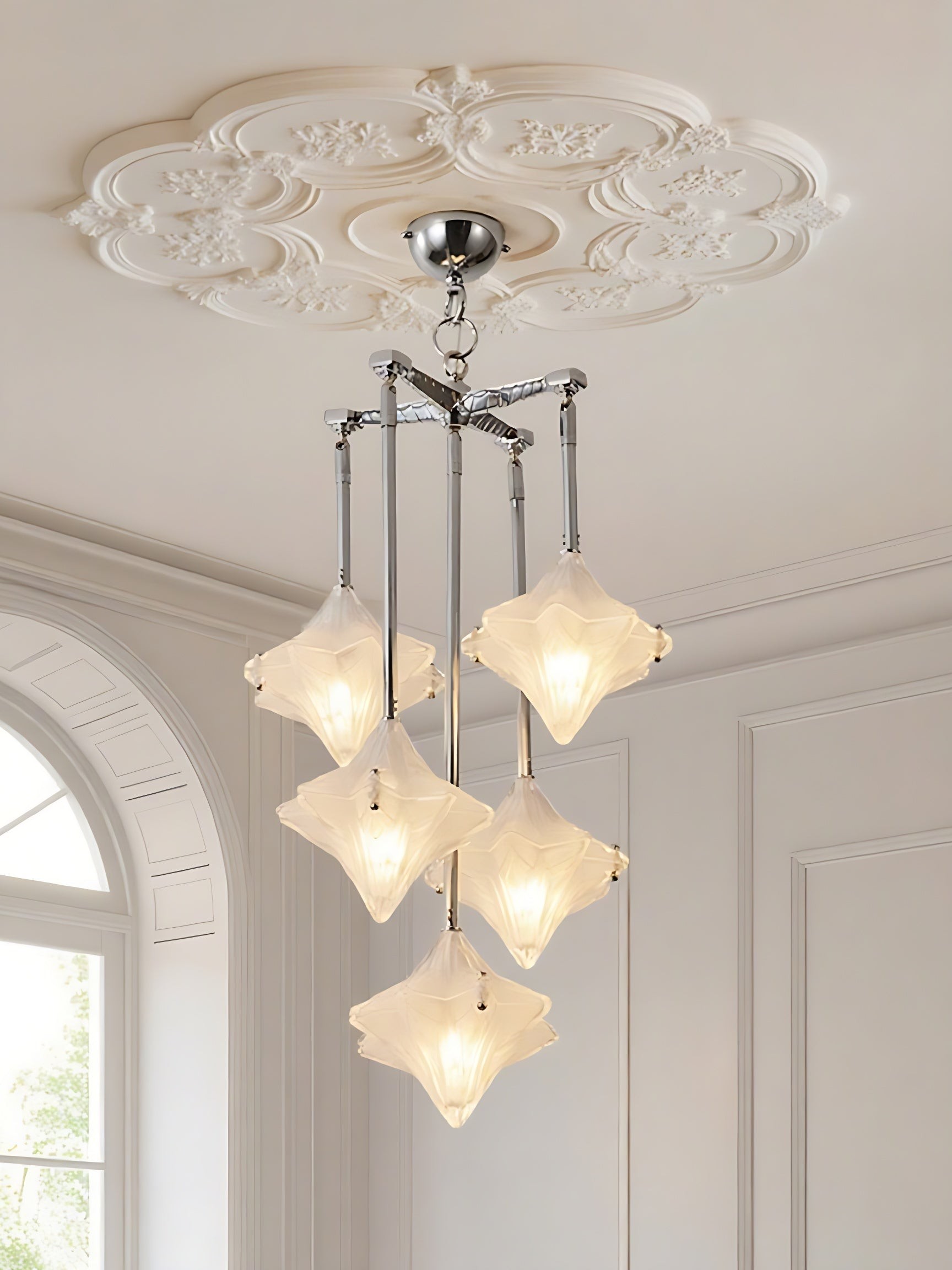 Art Deco Astris Star Chandelier - Frosted Glass Deco Fixture for Dining Room T433