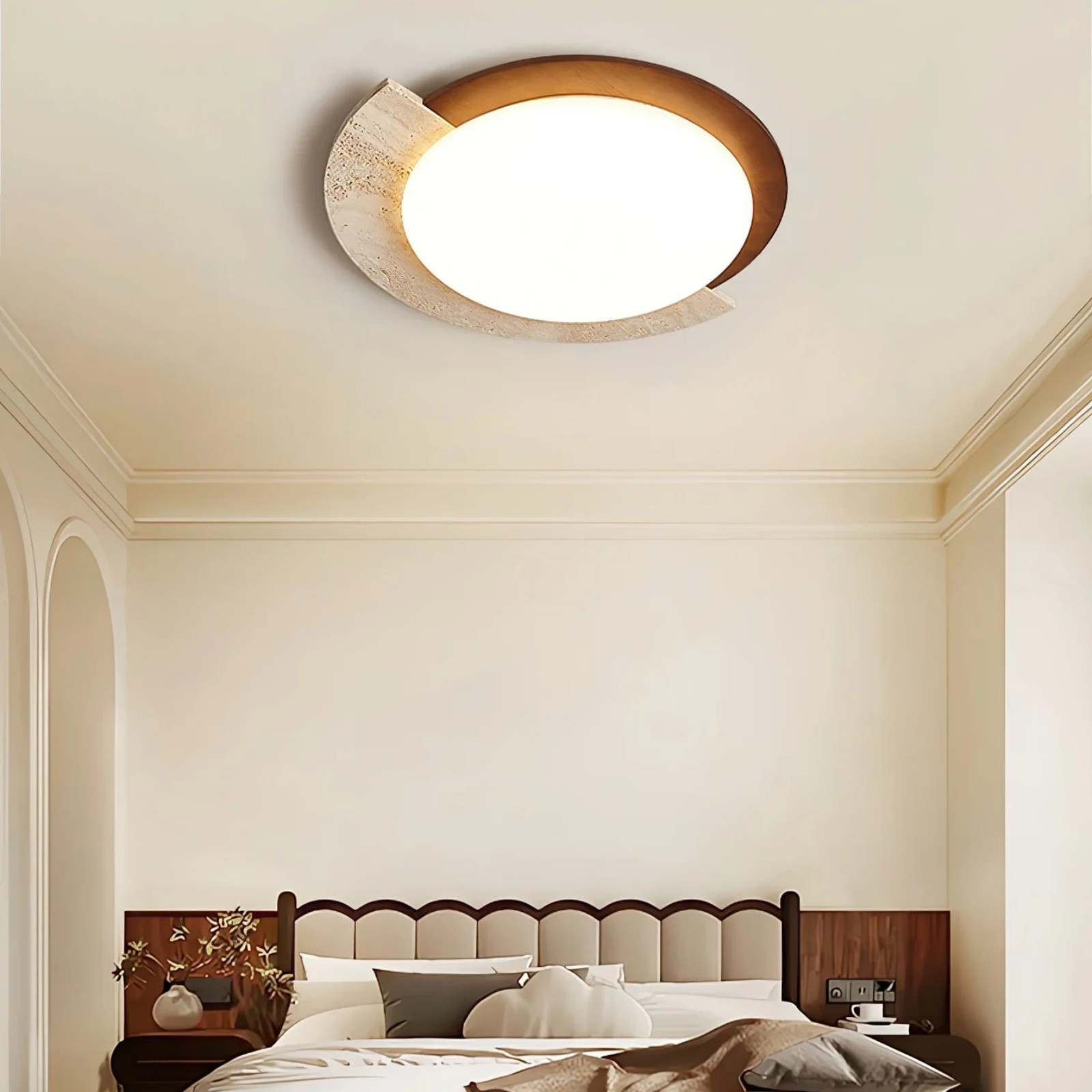 Half Moon Splicing Design Travertine & Wood Ceiling Lamp S292