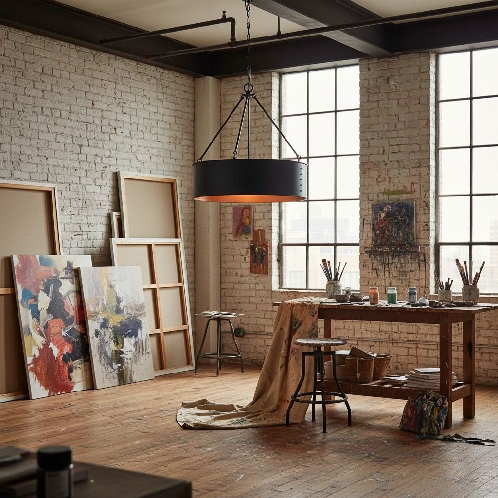 Dravik Contemporary Industrial Drum Pendant — Black Metal Pendant for Living or Dining Room U06