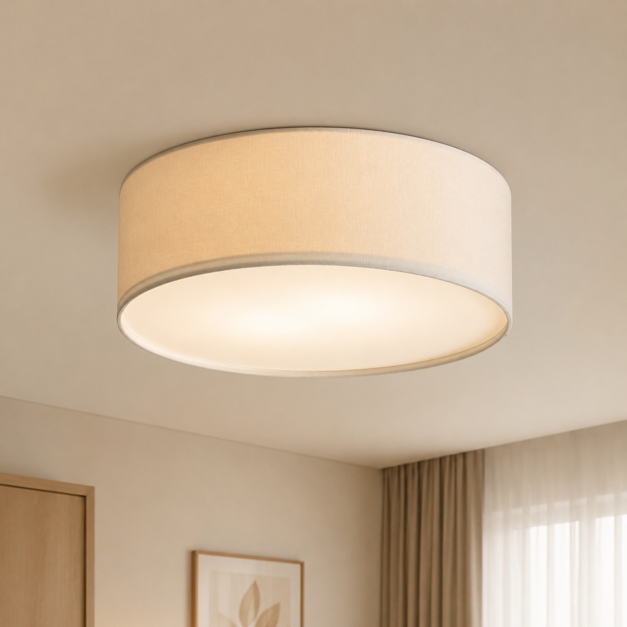 Dumora Linen Drum Ceiling Light – Modern Flush Mount Design T001