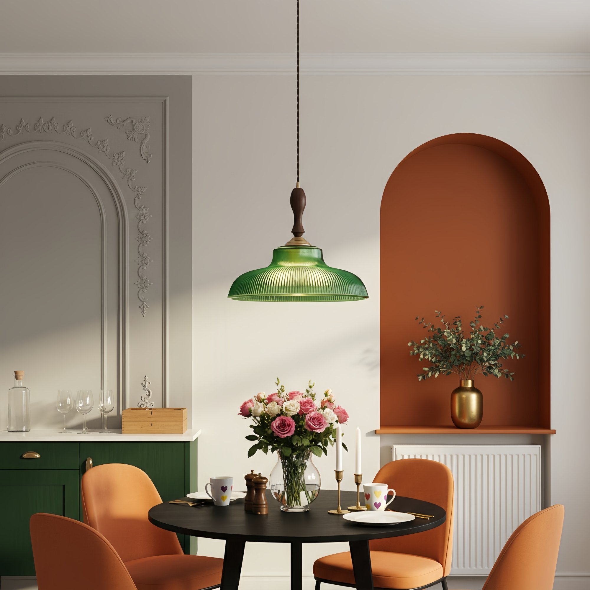 Elunaris Vintage Trumpet Shape Pendant Light with Green Glass Shade for Dining Room T1114