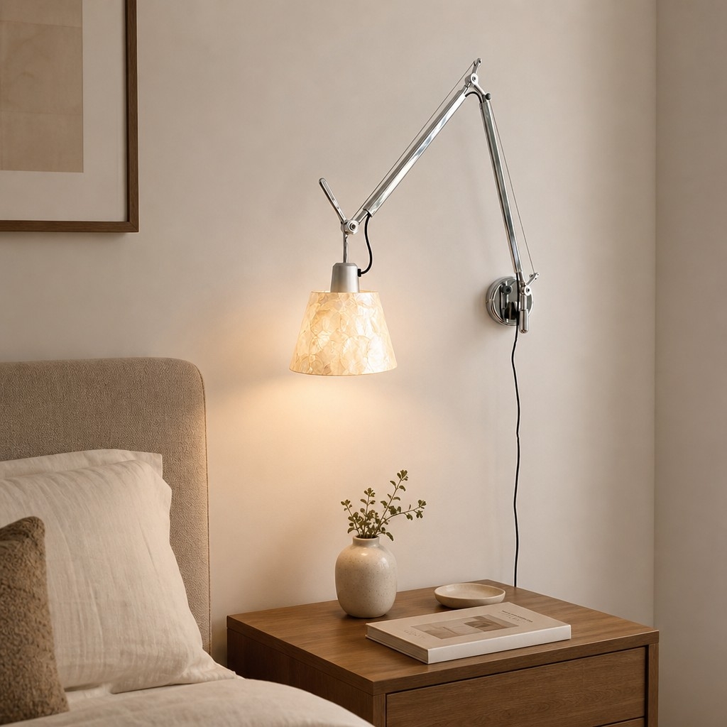 Lunavera Modern Capiz Shell or Fabric Shade Adjustable Arm Wall Lamp for Bedroom T2212