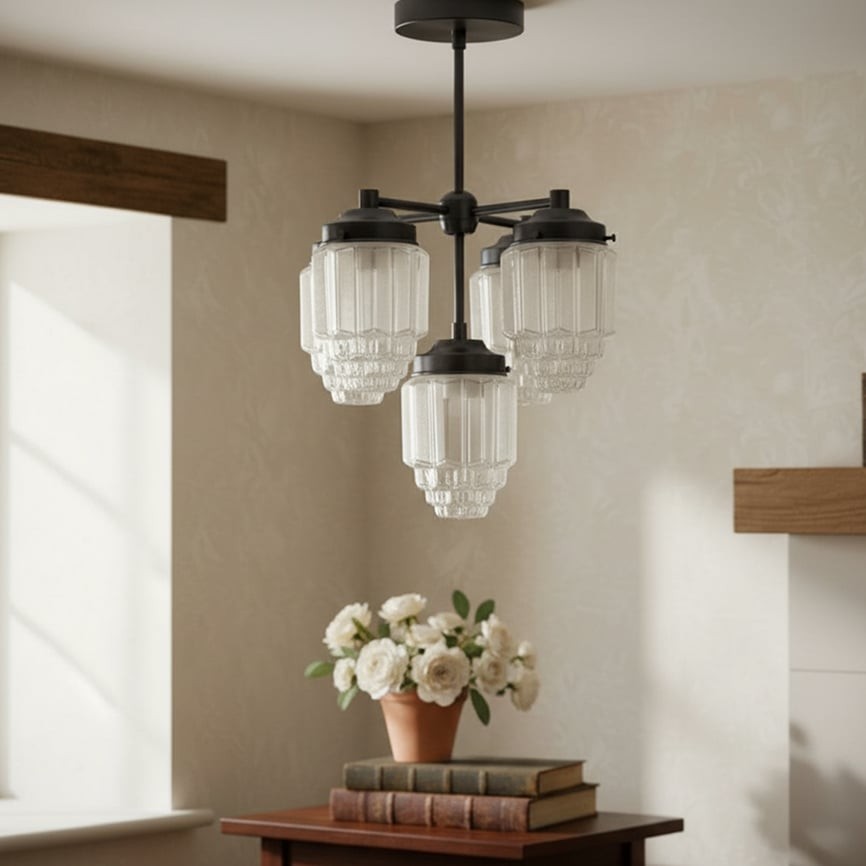Tierlux Glass Chandelier – Vintage Brass Globe Lighting Fixture T357