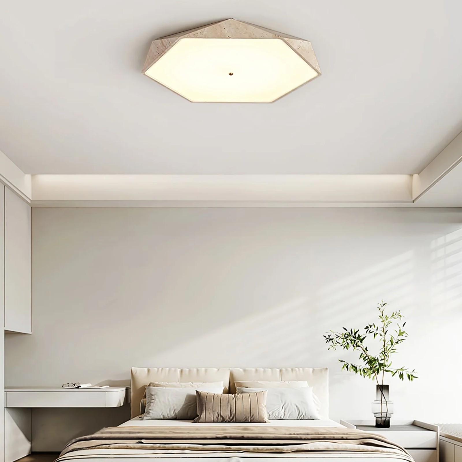Contemporary Hexagon Ceiling Light In Travertine And Glass S295