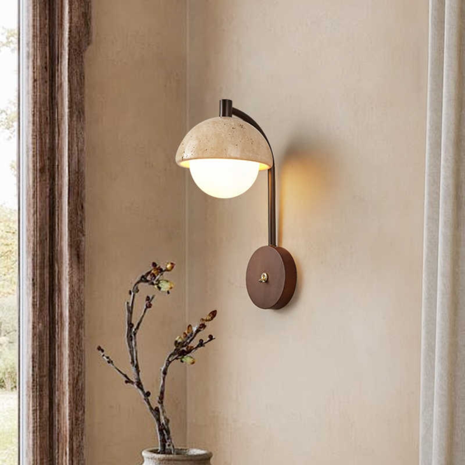 Rustic Travertine Wall Lamp With Curved Metal Arm And Wood Mount S313
