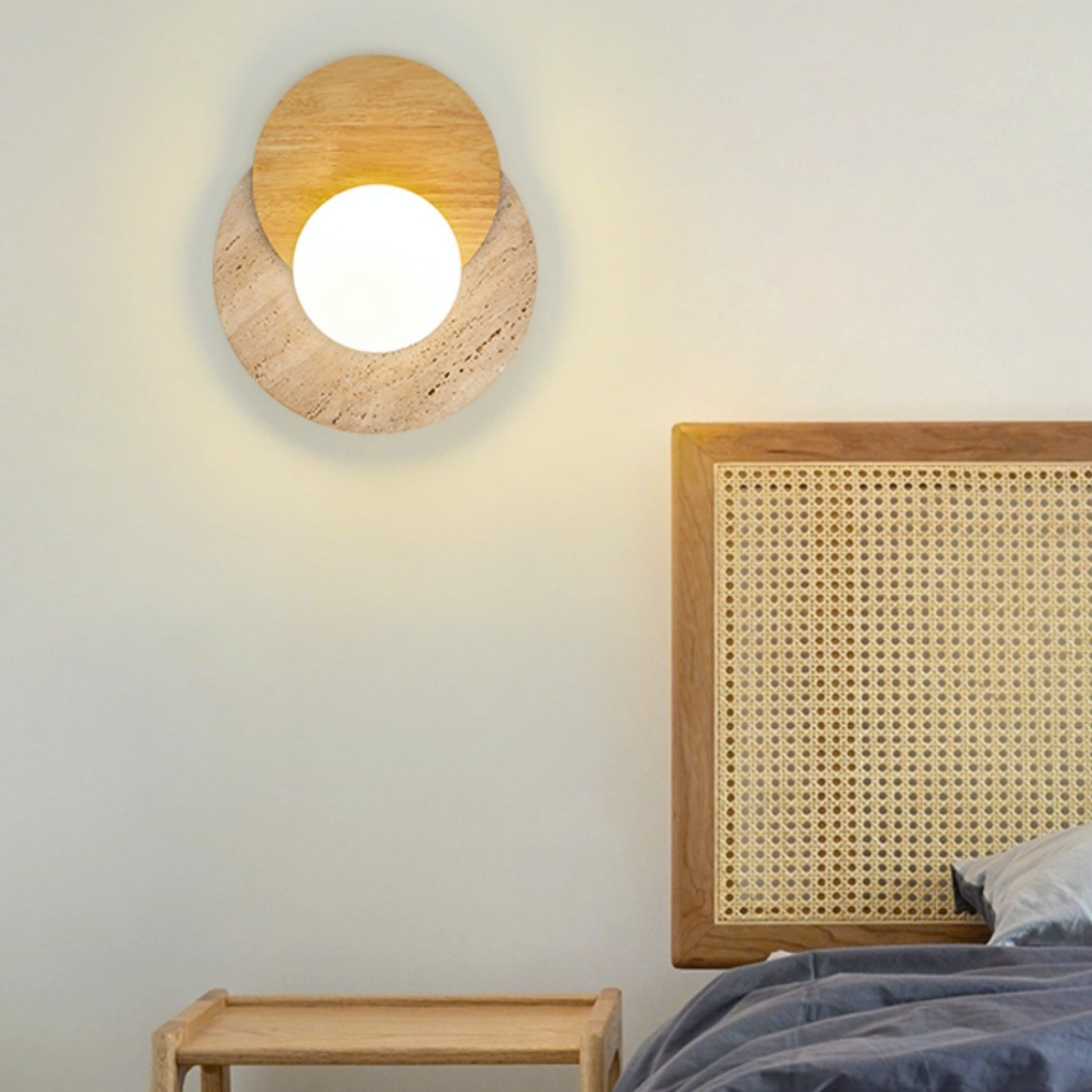 Contemporary Disc Travertine And Wood Dual Tone Wall Sconce S322